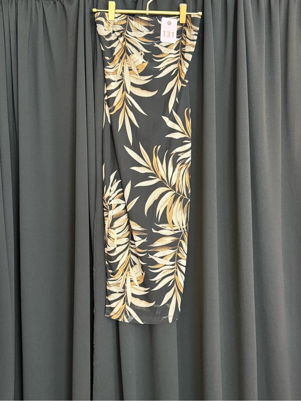 Strapless Black Tropical Print Dress with Beige Palm Motif